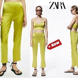 ZARA NEW NEON LIME GREEN SATIN EFFECT PANTS M NWT